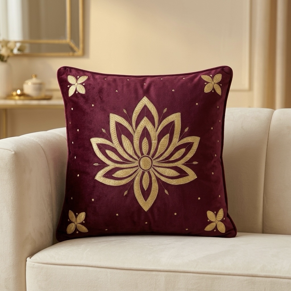 Festive Special Burgundy Lotus Cushion Cover | 16” x 16” | 1 pc