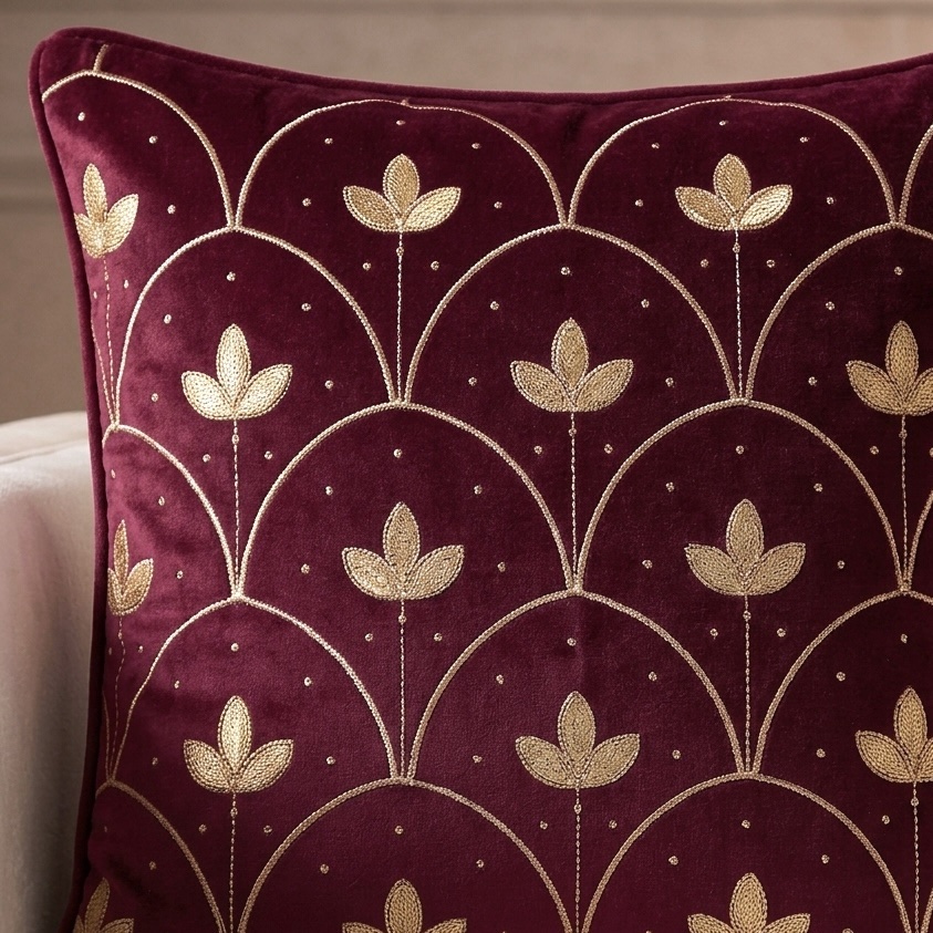 Festive Special Burgundy Diya Cushion Cover | 16” x 16” | 1 pc - Image 2