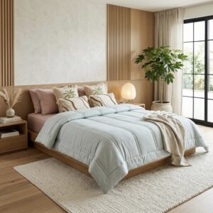 8 pcs Pastel Green Pink Bedding Set | Bedsheet, Comforter and Cushion Cover